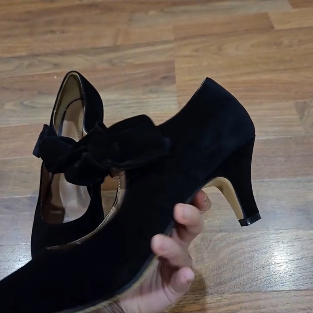 Liuruijia Mary Jane Pumps Black Velvet Bow Strap Kitten Heels(F036)-Size 9
